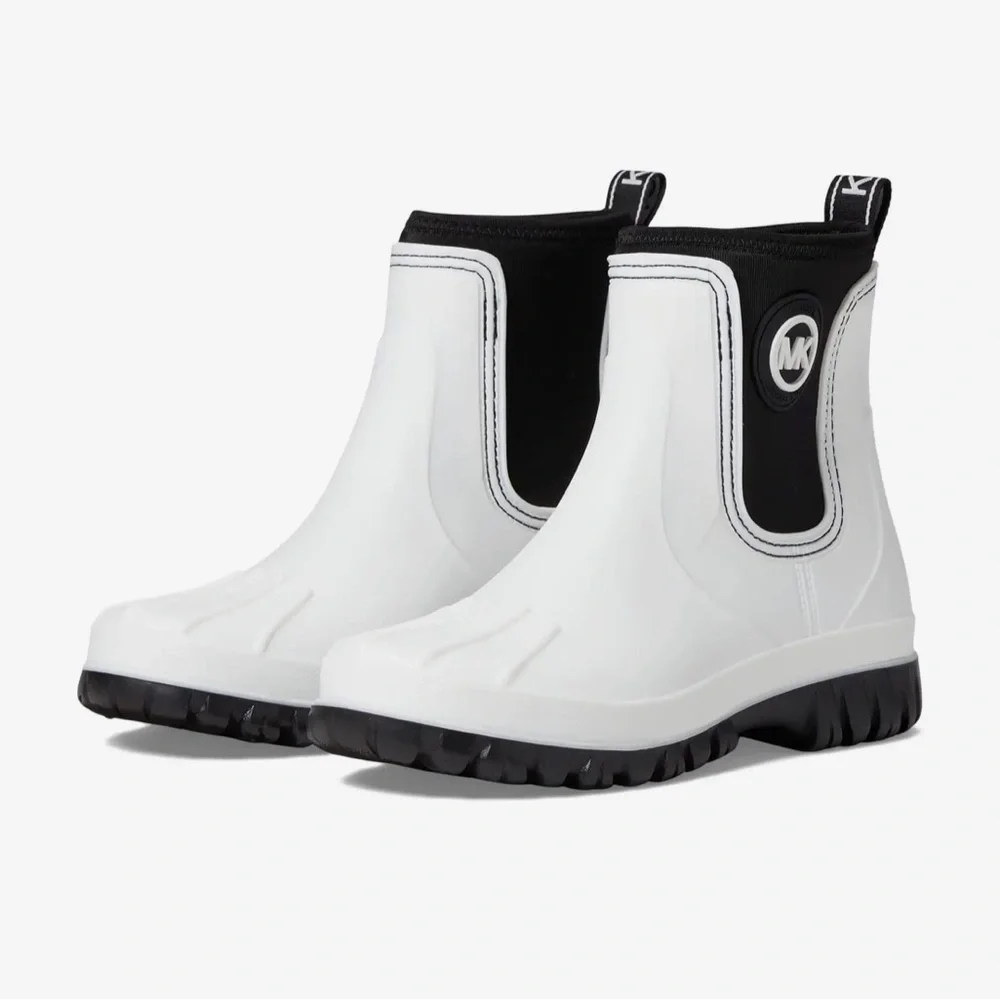 Michael Kors Tucker Optic White and Black PVC/Elastic Rain Bootie Boots - Picture 4 of 14